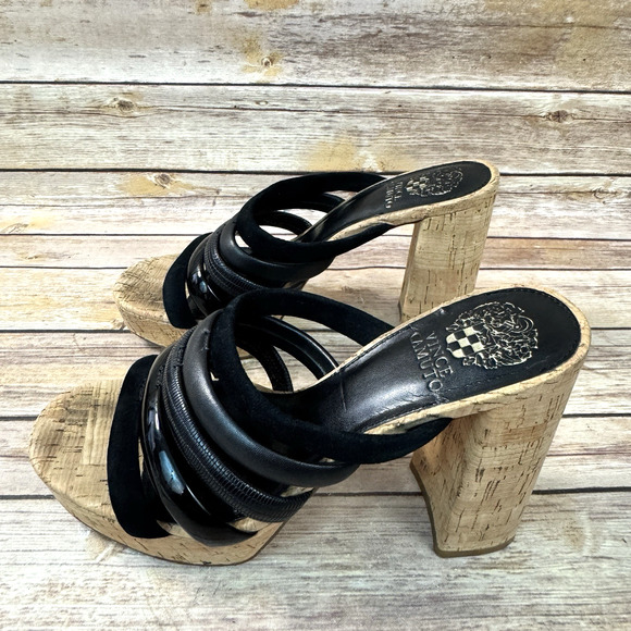 Vince Camuto Womens Black Strappy Patrest Cork Platform and Heel Slip On Sandals - Picture 4 of 8